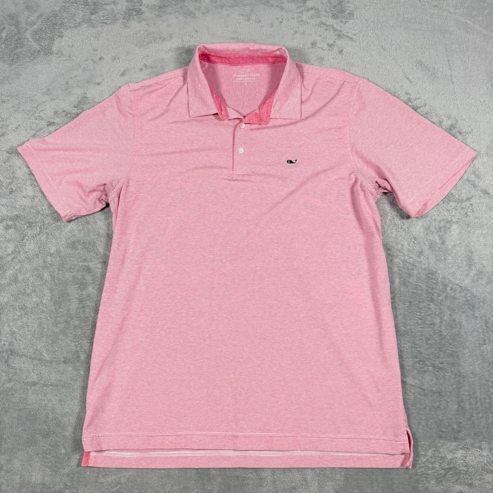Vineyard Vines Mens Large Polo Shirt Pink Striped Performance Short Sleeve Whale